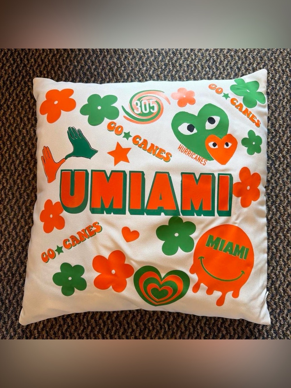 Miami Hurricanes White Decorative Pillow with Orange and Green Graphics